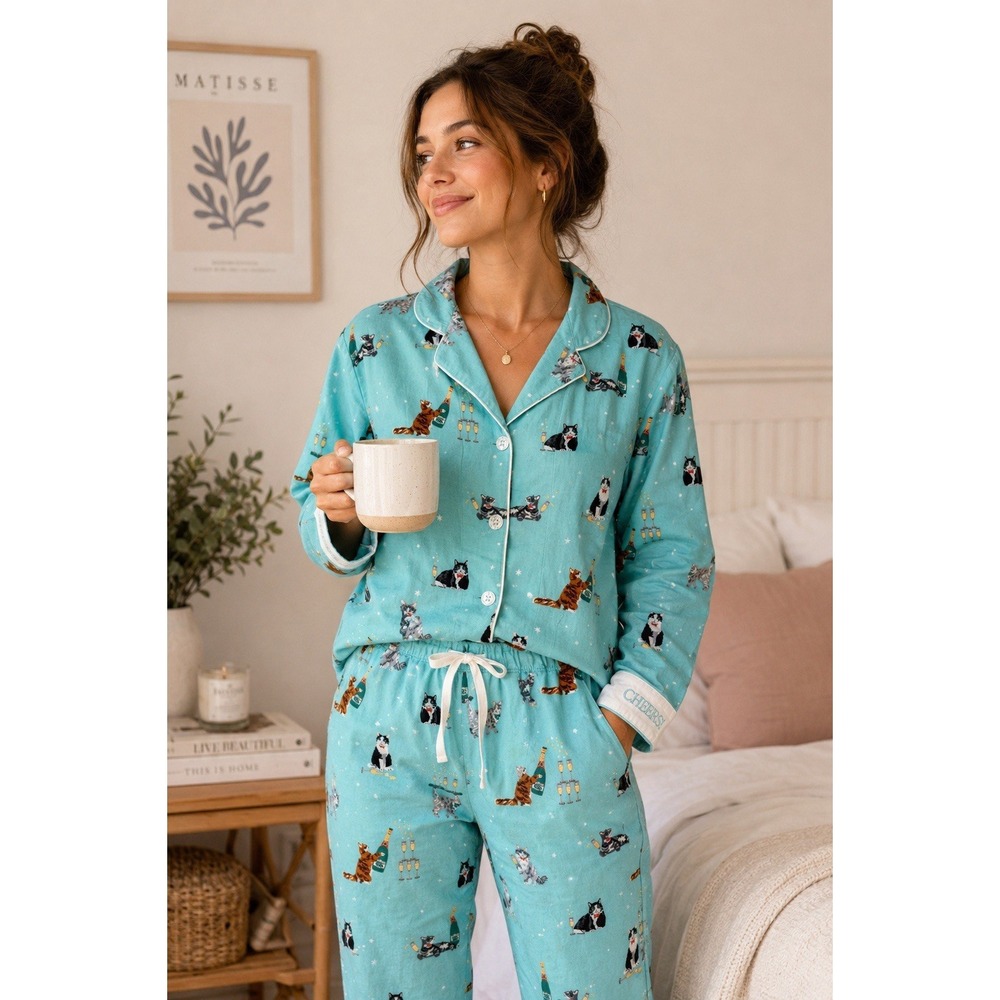 NWT PJ Salvage Women Pajama Set S Mint Green CHAMPAGNE CATS Flannel CHEERS!